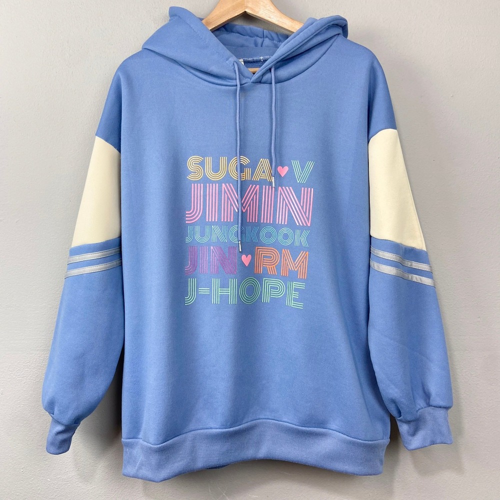 Unbranded BTS K-Pop Graphic Hoodie Unisex 2XL Blue Colorblock Striped Sleeve